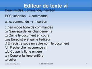 administration Système A. EL FERGOUGUI 9
Editeur de texte vi
Deux modes: commande, insertion
ESC: insertion ­­> commande
a,i,o: commande ­­> insertion
:  / en mode ligne de commandes
:w Sauvegarde les changements
:q Quitte le document en cours
:wq Enregistre et quitte l'editeur
:f Enregistre sous un autre nom le document 
/ch Recherche l'occurence ch
:dd Coupe la ligne entière
:yy Coupier la ligne entière
:p coller
 