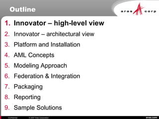 aras.comConfidential © 2007 Aras Corporation
Outline
1. Innovator – high-level view
2. Innovator – architectural view
3. Platform and Installation
4. AML Concepts
5. Modeling Approach
6. Federation & Integration
7. Packaging
8. Reporting
9. Sample Solutions
 