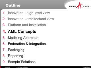 aras.comConfidential © 2007 Aras Corporation
Outline
1. Innovator – high-level view
2. Innovator – architectural view
3. Platform and Installation
4. AML Concepts
5. Modeling Approach
6. Federation & Integration
7. Packaging
8. Reporting
9. Sample Solutions
 