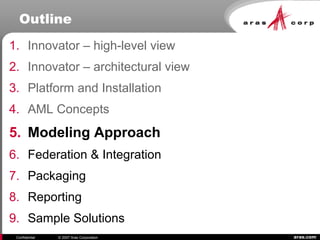 aras.comConfidential © 2007 Aras Corporation
Outline
1. Innovator – high-level view
2. Innovator – architectural view
3. Platform and Installation
4. AML Concepts
5. Modeling Approach
6. Federation & Integration
7. Packaging
8. Reporting
9. Sample Solutions
 
