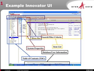 aras.comConfidential © 2007 Aras Corporation
Example Innovator UI
Search/Filter Criteria
System Properties
Table of Contents (TOC)
Menu Bar
Database/User Information
Item List
1
 