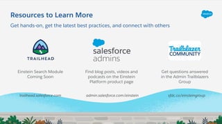 Resources to Learn More
Get hands-on, get the latest best practices, and connect with others
Find blog posts, videos and
podcasts on the Einstein
Platform product page
Get questions answered
in the Admin Trailblazers
Group
Einstein Search Module
Coming Soon
trailhead.salesforce.com admin.salesforce.com/einstein sfdc.co/einsteingroup
 