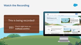 Watch the Recording
This is being recorded!
Find it right here on:
trailhead.com/live
 