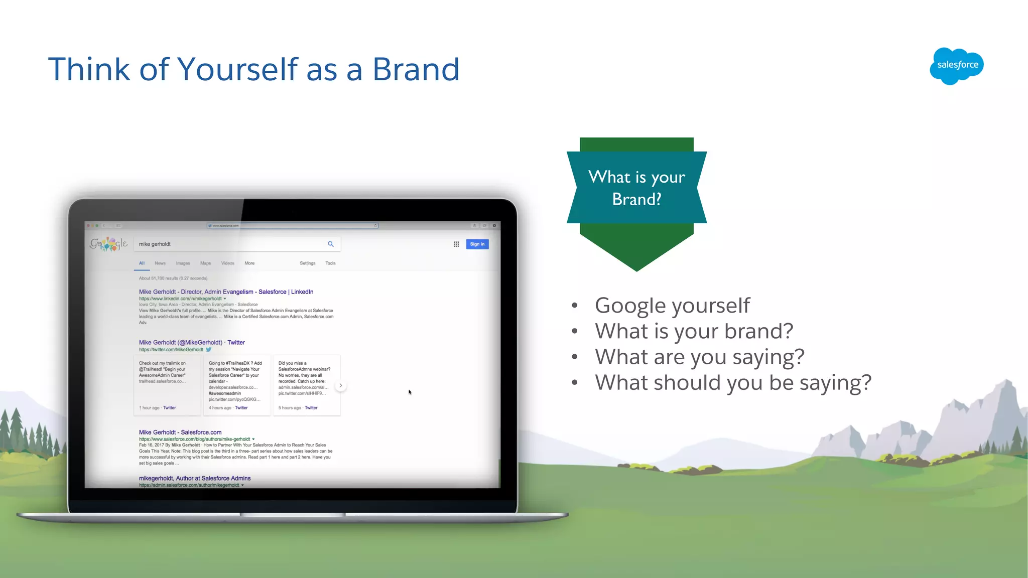 Think of Yourself as a Brand
What is your
Brand?
• Google yourself
• What is your brand?
• What are you saying?
• What should you be saying?
 