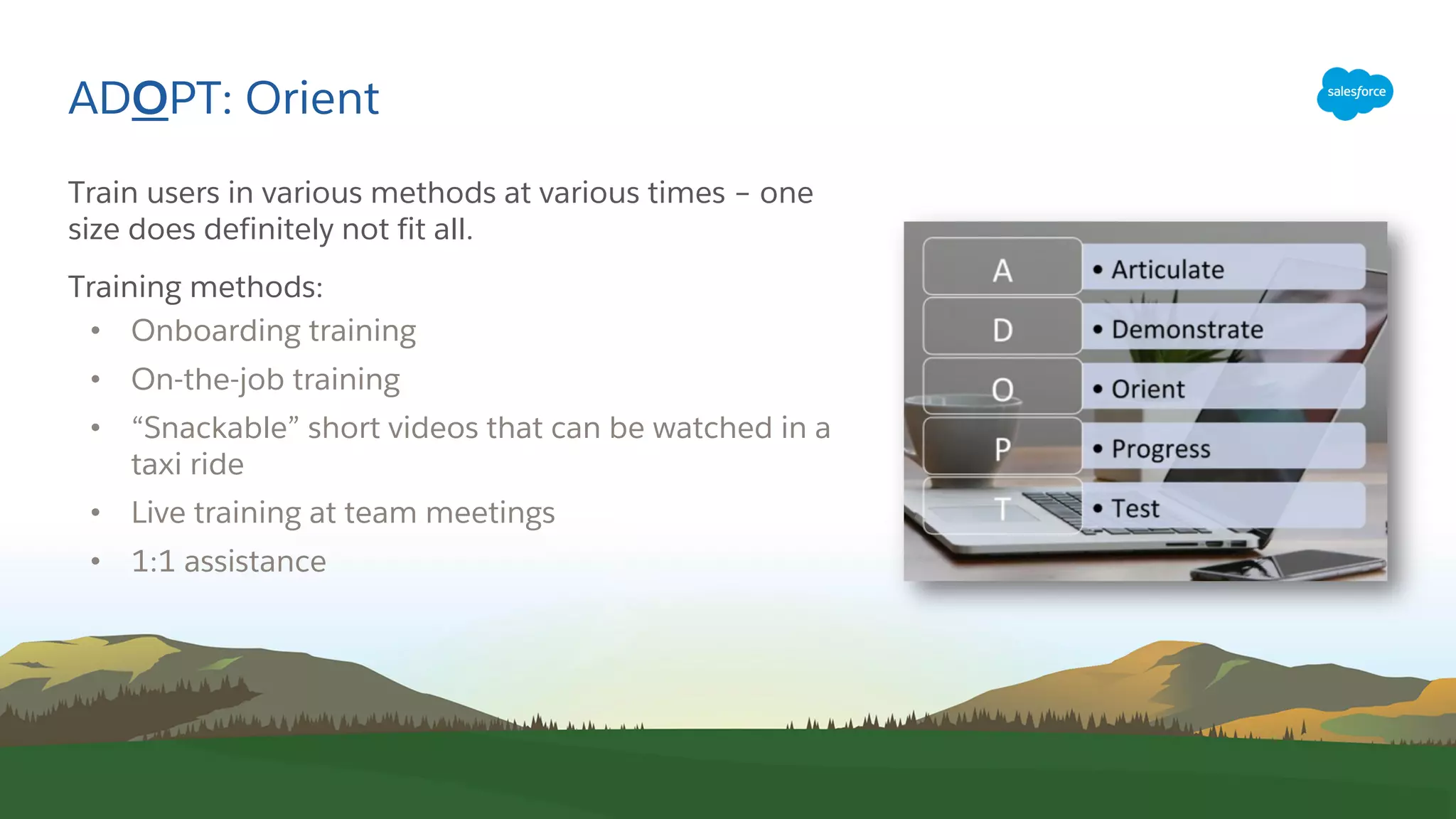 ADOPT: Orient
Train users in various methods at various times – one
size does definitely not fit all.
Training methods:
• Onboarding training
• On-the-job training
• “Snackable” short videos that can be watched in a
taxi ride
• Live training at team meetings
• 1:1 assistance
 