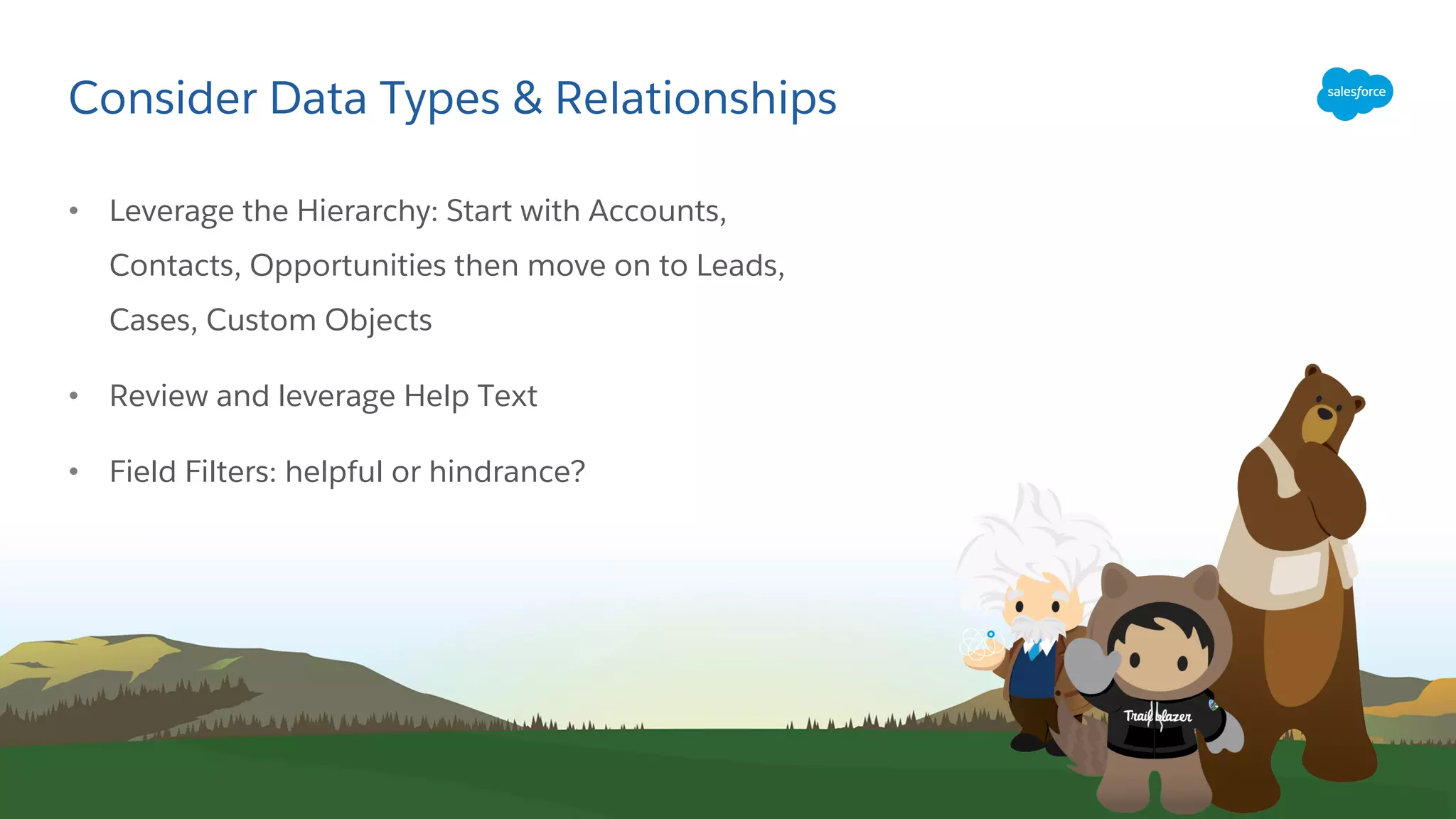 Consider Data Types & Relationships
• Leverage the Hierarchy: Start with Accounts,
Contacts, Opportunities then move on to Leads,
Cases, Custom Objects
• Review and leverage Help Text
• Field Filters: helpful or hindrance?
 