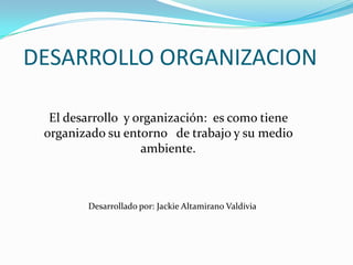 DESARROLLO ORGANIZACION
El desarrollo y organización: es como tiene
organizado su entorno de trabajo y su medio
ambiente.

Desarrollado por: Jackie Altamirano Valdivia

 