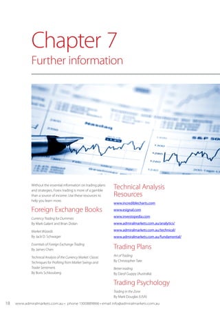 Without the essential information on trading plans
and strategies, Forex trading is more of a gamble
than a source of income. Use these resources to
help you learn more.
Foreign Exchange Books
Currency Trading for Dummies
By Mark Galant and Brian Dolan
Market Wizards
By Jack D. Schwager
Essentials of Foreign Exchange Trading
By James Chen
Technical Analysis of the Currency Market: Classic
Techniques for Profiting from Market Swings and
Trader Sentiment,
By Boris Schlossberg
Technical Analysis
Resources
www.incrediblecharts.com
www.esignal.com
www.investopedia.com
www.admiralmarkets.com.au/analytics/
www.admiralmarkets.com.au/technical/
www.admiralmarkets.com.au/fundamental/
Trading Plans
Art of Trading
By Christopher Tate
Better trading
By Daryl Guppy (Australia)
Trading Psychology
Trading in the Zone
By Mark Douglas (USA)
Chapter 7
Further information
18 www.admiralmarkets.com.au • phone 1300889866 • email info@admiralmarkets.com.au
 