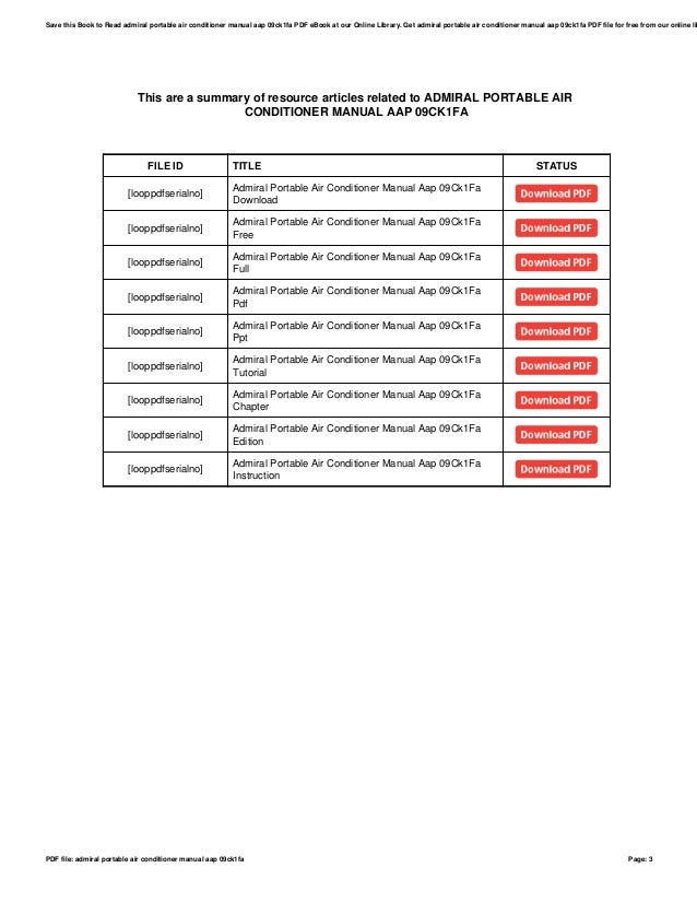 Admiral Portable Air Conditioner Manual Aap 09ck1fa