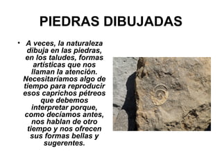 PIEDRAS DIBUJADAS
• A veces, la naturaleza
dibuja en las piedras,
en los taludes, formas
artísticas que nos
llaman la atención.
Necesitaríamos algo de
tiempo para reproducir
esos caprichos pétreos
que debemos
interpretar porque,
como decíamos antes,
nos hablan de otro
tiempo y nos ofrecen
sus formas bellas y
sugerentes.
 