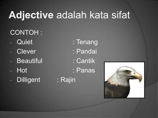 Adjective adalah kata sifat
CONTOH :
- Quiet             : Tenang
- Clever            : Pandai
- Beautiful         : Cantik
- Hot               : Panas
- Dilligent   : Rajin
 