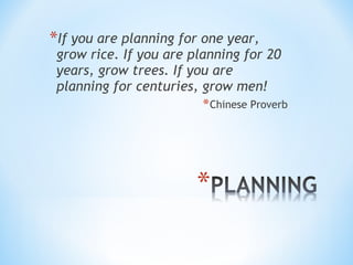 *If you are planning for one year,

grow rice. If you are planning for 20
years, grow trees. If you are
planning for centuries, grow men!
* Chinese Proverb

 