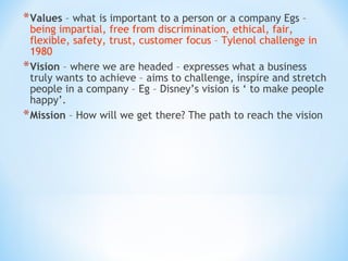 * Values – what is important to a person or a company Egs –

being impartial, free from discrimination, ethical, fair,
flexible, safety, trust, customer focus – Tylenol challenge in
1980
* Vision – where we are headed – expresses what a business
truly wants to achieve – aims to challenge, inspire and stretch
people in a company – Eg – Disney’s vision is ‘ to make people
happy’.
* Mission – How will we get there? The path to reach the vision

 
