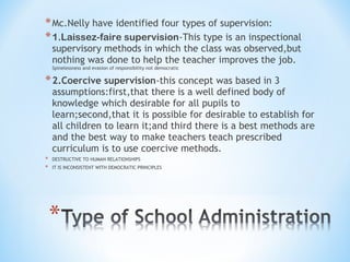 * Mc.Nelly have identified four types of supervision:
* 1.Laissez-faire supervision-This type is an inspectional
supervisory methods in which the class was observed,but
nothing was done to help the teacher improves the job.
Spinelessness and evasion of responsibility not democratic

* 2.Coercive supervision-this concept was based in 3

assumptions:first,that there is a well defined body of
knowledge which desirable for all pupils to
learn;second,that it is possible for desirable to establish for
all children to learn it;and third there is a best methods are
and the best way to make teachers teach prescribed
curriculum is to use coercive methods.

*
*

DESTRUCTIVE TO HUMAN RELATIONSHIPS
IT IS INCONSISTENT WITH DEMOCRATIC PRINCIPLES

 