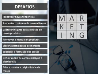 DESAFIOS
Aumentar o número de novos clientes
Capturar insights para a criação de
novos produtos
Promover a marca e os produtos
Elevar a participação de mercado
Subsidiar a formação dos preços
Definir canais de comercialização e
distribuição
Identificar novas tendências
Criar e manter a originalidade da
marca
M A R
K E T
GNI
 