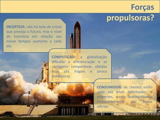 Forças
propulsoras?
INCERTEZA: não há bola de cristal
que preveja o futuro, mas o nível
de incerteza em relação aos
novos tempos aumenta a cada
dia
COMPETIÇÃO: a globalização
dificulta a diferenciação e as
vantagens competitivas obtidas
hoje são frágeis e pouco
duradouras
CONSUMIDOR: os clientes estão
cada vez mais informados e
exigentes, sendo bombardeados
incessantemente por novas
ofertas
 