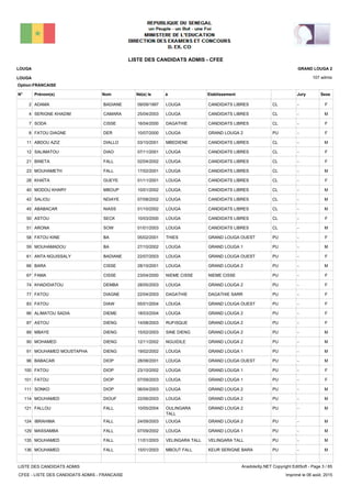 LISTE DES CANDIDATS ADMIS - CFEE
107 admis
Prénom(s) Nom EtablissementN° Né(e) le à Sexe
LOUGA
LOUGA
GRAND LOUGA 2
Jury
Option:FRANCAISE
-CLCANDIDATS LIBRESLOUGA09/09/1997ADAMA BADIANE2 F
-CLCANDIDATS LIBRESLOUGA25/04/2003SERIGNE KHADIM CAMARA4 M
-CLCANDIDATS LIBRESDAGATHIE16/04/2000SODA CISSE7 F
-PUGRAND LOUGA 2LOUGA10/07/2000FATOU DIAGNE DER8 F
-CLCANDIDATS LIBRESMBEDIENE03/10/2001ABDOU AZIZ DIALLO11 M
-CLCANDIDATS LIBRESLOUGA07/11/2001SALIMATOU DIAO12 F
-CLCANDIDATS LIBRESLOUGA02/04/2002BINETA FALL21 F
-CLCANDIDATS LIBRESLOUGA17/02/2001MOUHAMETH FALL23 M
-CLCANDIDATS LIBRESLOUGA01/11/2001KHAÏTA GUEYE28 F
-CLCANDIDATS LIBRESLOUGA10/01/2002MODOU KHARY MBOUP40 M
-CLCANDIDATS LIBRESLOUGA07/08/2002SALIOU NDIAYE42 M
-CLCANDIDATS LIBRESLOUGA01/10/2002ABABACAR NIASS45 M
-CLCANDIDATS LIBRESLOUGA10/03/2000ASTOU SECK50 F
-CLCANDIDATS LIBRESLOUGA01/01/2003ARONA SOW51 M
-PUGRAND LOUGA OUESTTHIES05/02/2001FATOU KINE BA58 F
-PUGRAND LOUGA 1LOUGA27/10/2002MOUHAMADOU BA59 M
-PUGRAND LOUGA OUESTLOUGA22/07/2003ANTA NGUISSALY BADIANE61 F
-PUGRAND LOUGA 2LOUGA28/10/2001BARA CISSE66 M
-PUNIEME CISSENIEME CISSE23/04/2000FAMA CISSE67 F
-PUGRAND LOUGA 2LOUGA28/05/2003KHADIDIATOU DEMBA74 F
-PUDAGATHIE SARRDAGATHIE22/04/2003FATOU DIAGNE77 F
-PUGRAND LOUGA OUESTLOUGA05/01/2004FATOU DIAW83 F
-PUGRAND LOUGA 2LOUGA18/03/2004ALIMATOU SADIA DIEME86 F
-PUGRAND LOUGA 2RUFISQUE14/08/2003ASTOU DIENG87 F
-PUGRAND LOUGA 2SINE DIENG15/02/2003MBAYE DIENG89 M
-PUGRAND LOUGA 2NGUIDILE12/11/2002MOHAMED DIENG90 M
-PUGRAND LOUGA 1LOUGA19/02/2002MOUHAMED MOUSTAPHA DIENG91 M
-PUGRAND LOUGA OUESTLOUGA28/08/2001BABACAR DIOP96 M
-PUGRAND LOUGA 1LOUGA23/10/2002FATOU DIOP100 F
-PUGRAND LOUGA 1LOUGA07/09/2003FATOU DIOP101 F
-PUGRAND LOUGA 2LOUGA06/04/2003SONKO DIOP111 M
-PUGRAND LOUGA 2LOUGA22/06/2003MOUHAMED DIOUF114 M
-PUGRAND LOUGA 2OULINGARA
TALL
10/05/2004FALLOU FALL121 M
-PUGRAND LOUGA 2LOUGA24/09/2003IBRAHIMA FALL124 M
-PUGRAND LOUGA 1LOUGA07/09/2002MASSAMBA FALL129 M
-PUVELINGARA TALLVELINGARA TALL11/01/2003MOUHAMED FALL135 M
-PUKEUR SERIGNE BARAMBOUT FALL15/01/2003MOUHAMED FALL136 M
LISTE DES CANDIDATS ADMIS
CFEE - LISTE DES CANDIDATS ADMIS - FRANCAISE
AnadoleXp.NET Copyright EditSoft - Page 3 / 65
Imprimé le 06 août, 2015
 