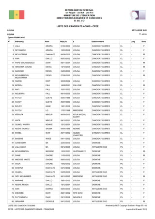 LISTE DES CANDIDATS ADMIS - CFEE
71 admis
Prénom(s) Nom EtablissementN° Né(e) le à Sexe
LOUGA
LOUGA
ARTILLERIE SUD
Jury
Option:FRANCAISE
-CLCANDIDATS LIBRESLOUGA01/04/2000LALA AÏDARA1 F
-CLCANDIDATS LIBRESLOUGA12/03/2002SEYNABOU AÏDARA3 F
-CLCANDIDATS LIBRESLOUGA06/08/2002MOUSTAPHA DIAKHATE8 M
-CLCANDIDATS LIBRESLOUGA06/03/2002AWA DIALLO9 F
-CLCANDIDATS LIBRESLOUGA09/11/2001PAPE MOUHAMADOU DIAW11 M
-CLCANDIDATS LIBRESLOUGA13/10/2004IBRAHIMA DIAGNE DIENG13 M
-CLCANDIDATS LIBRESLOUGA24/03/2000MARIEME DIENG14 F
-CLCANDIDATS LIBRESLOUGA27/08/2000MOUHAMADOU
MOUSTAPHA
DIENG15 M
-CLCANDIDATS LIBRESLOUGA30/09/2002NGANE DIOP18 F
-CLCANDIDATS LIBRESPALLENE18/08/2001MODOU FALL19 M
-CLCANDIDATS LIBRESLOUGA10/07/2000NAFI FALL20 F
-CLCANDIDATS LIBRESLOUGA06/10/2003NGUERRA FALL21 F
-CLCANDIDATS LIBRESLOUGA05/07/1999FATOU GUEYE22 F
-CLCANDIDATS LIBRESLOUGA29/07/2000KHADY GUEYE23 F
-CLCANDIDATS LIBRESLOUGA19/01/2002BOURY KANE24 F
-CLCANDIDATS LIBRESMBEDIENE17/07/1998FATOU LO25 F
-CLCANDIDATS LIBRESKEUR MODOU
KHARY
06/09/2003AÏSSATA MBOUP26 F
-CLCANDIDATS LIBRESLOUGA04/10/2001ANTA MBOUP27 F
-CLCANDIDATS LIBRESLOUGA12/12/2001OUMOU KHAÏRY NDIAYE31 F
-CLCANDIDATS LIBRESNDAME04/04/1999NDEYE OUMOU SAGNA32 F
-CLCANDIDATS LIBRESGUEDE
CHANTIER
20/11/2002BAMEL SOW33 F
-CLCANDIDATS LIBRESLOUGA04/11/2002BASSINE WADE37 F
-PUDIEMENELOUGA22/03/2003GANESSIRY BA41 F
-PUARTILLERIE SUDLOUGA09/12/2003LALA AÏCHA BA42 F
-PUDIEMENEGUEDIAWAYE13/02/2001MOUHAMADOU BADIANE49 M
-PUDIEMENELOUGA11/05/2002DAME DIAGNE57 M
-PUDIEMENELOUGA08/03/2002MBOSSE KANTE DIAGNE60 F
-PUDIEMENELOUGA15/02/2002SODA DIAGNE61 F
-PUDIEMENELOUGA04/12/2002CHEYNA DIAKHATE62 F
-PUARTILLERIE SUDLOUGA03/05/2003OUMOU DIAKHATE65 F
-PUARTILLERIE SUDMBEDIENE06/10/2003SIDY MOUHAMED DIAKHATE66 M
-PUDIEMENELOUGA19/01/2003MARAME DIALLO70 F
-PUDIEMENELOUGA15/12/2001NDEYE PENDA DIALLO71 F
-PUARTILLERIE SUDLOUGA05/03/2003AWA DIARRA73 F
-PUDIEMENERITE DIAO29/01/2002DIEUMBE DIAW74 F
-PUDIEMENENGUIDILE23/12/2002FATY MBODJI DIAW75 F
-PUARTILLERIE SUDLOUGA04/12/2002IBRAHIMA DIONGUE80 M
LISTE DES CANDIDATS ADMIS
CFEE - LISTE DES CANDIDATS ADMIS - FRANCAISE
AnadoleXp.NET Copyright EditSoft - Page 57 / 65
Imprimé le 06 août, 2015
 
