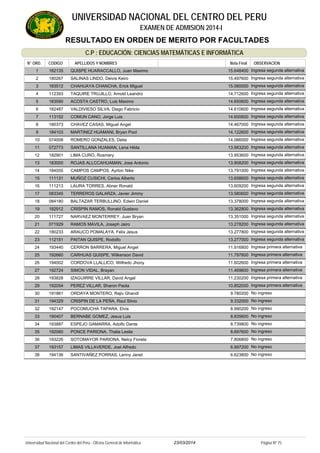 RESULTADO EN ORDEN DE MERITO POR FACULTADES
UNIVERSIDAD NACIONAL DEL CENTRO DEL PERU
EXAMEN DE ADMISION 2014-I
C.P : EDUCACIÓN: CIENCIAS MATEMÁTICAS E INFORMÁTICA
APELLIDOS Y NOMBRESCODIGON° ORD. OBSERVACIONOBSERVACIONNota Final
182135 QUISPE HUARACCALLO, Juan Maximo1 Ingresa segunda alternativa15.648400
180267 SALINAS LINDO, Deivis Keiro2 Ingresa segunda alternativa15.497600
183512 CHAHUAYA CHANCHA, Erick Miguel3 Ingresa segunda alternativa15.080000
112393 TAQUIRE TRUJILLO, Arnold Leandro4 Ingresa segunda alternativa14.712600
183590 ACOSTA CASTRO, Luis Maximo5 Ingresa segunda alternativa14.650600
182487 VALDIVIESO SILVA, Diego Fabricio6 Ingresa segunda alternativa14.610600
113152 COMUN CANO, Jorge Luis7 Ingresa segunda alternativa14.600600
180373 CHAVEZ CASAS, Miguel Angel8 Ingresa segunda alternativa14.467000
184103 MARTINEZ HUAMANI, Bryan Pool9 Ingresa segunda alternativa14.122600
074008 ROMERO GONZALES, Delia10 Ingresa segunda alternativa14.066000
072773 SANTILLANA HUAMAN, Lena Hilda11 Ingresa segunda alternativa13.983200
182901 LIMA CURO, Rosmery12 Ingresa segunda alternativa13.953600
183000 ROJAS ALLCCAHUAMAN, Jose Antonio13 Ingresa segunda alternativa13.908200
184055 CAMPOS CAMPOS, Ayrton Nike14 Ingresa segunda alternativa13.791000
111131 MUÑOZ CUSICHI, Carlos Alberto15 Ingresa segunda alternativa13.658600
111213 LAURA TORRES, Abner Ronald16 Ingresa segunda alternativa13.609200
083345 TERREROS GALARZA, Javier Jimmy17 Ingresa segunda alternativa13.580600
084180 BALTAZAR TERBULLINO, Edwin Daniel18 Ingresa segunda alternativa13.378000
182912 CRISPIN RAMOS, Ronald Gustavo19 Ingresa segunda alternativa13.362800
111727 NARVAEZ MONTERREY, Juan Bryan20 Ingresa segunda alternativa13.351000
071929 RAMOS MAVILA, Joseph Jairo21 Ingresa segunda alternativa13.278200
180233 ARAUCO POMALAYA, Felix Jesus22 Ingresa segunda alternativa13.277800
112151 PAITAN QUISPE, Rodolfo23 Ingresa segunda alternativa13.277000
193440 CERRON BARRERA, Miguel Angel24 Ingresa primera alternativa11.916800
192660 CARHUAS QUISPE, Wilkenson David25 Ingresa primera alternativa11.797800
194002 CORDOVA LLALLICO, Wilfredo Jhony26 Ingresa primera alternativa11.602600
192724 SIMON VIDAL, Brayan27 Ingresa primera alternativa11.469600
193828 IZAGUIRRE VILLAR, David Angel28 Ingresa primera alternativa11.230200
192054 PEREZ VILLAR, Sharon Paola29 Ingresa primera alternativa10.852000
191861 ORDAYA MONTERO, Rajiv Ghandi30 No ingreso9.780200
194329 CRISPIN DE LA PEÑA, Raul Silvio31 No ingreso9.332000
192147 POCOMUCHA TAPARA, Elvis32 No ingreso8.990200
190407 BERNABE GOMEZ, Jesus Luis33 No ingreso8.835600
193887 ESPEJO GAMARRA, Adolfo Dante34 No ingreso8.739800
192060 PONCE PARIONA, Thalia Leslie35 No ingreso8.697600
193226 SOTOMAYOR PARIONA, Nelcy Fiorela36 No ingreso7.806800
193157 LIMAS VILLAVERDE, Joel Alfredo37 No ingreso6.997200
194136 SANTIVAÑEZ PORRAS, Lenny Janet38 No ingreso6.623800
23/03/2014Universidad Nacional del Centro del Perú - Oficina General de Informática Página Nº 75
 
