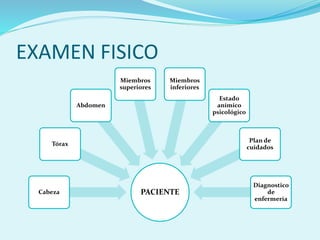 EXAMEN FISICO
PACIENTECabeza
Tórax
Abdomen
Miembros
superiores
Miembros
inferiores
Estado
anímico
psicológico
Plan de
cuidados
Diagnostico
de
enfermería
 