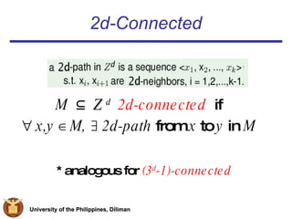 2d-Connected M  ⊆   Z  d  2d-connected   if    x,y   ∈   M,   ∃   2d-path  from  x  to  y  in  M * analogous for  (3 d -1)-connected 