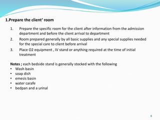 1.Prepare the client’ room
6
1. Prepare the specific room for the client after information from the admission
department and before the client arrival to department
2. Room prepared generally by all basic supplies and any special supplies needed
for the special care to client before arrival
3. Place O2 equipment , IV stand or anything required at the time of initial
treatment
Notes ; each bedside stand is generally stocked with the following
• Wash basin
• soap dish
• emesis basin
• water carafe
• bedpan and a urinal
 