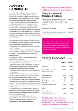 Overseas candidates applying for admission into Graduate
Diploma Programme in Design/ Post Graduate Diploma
Programme in Design should send their application along with
other applicants in India by November 2, 2013. Such students
may attend admission test and interview at Ahmedabad.
15 percent seats in Graduate Diploma Programme in Design/
Post-Graduate Diploma Programme in Design are reserved
for applicants from foreign countries/ SAARC region/ NRIs
on supernumerary basis.They should fill in the prescribed
application form and send the same with their portfolio (Portfolio
is mandatory for PGDPD applicants while for GDPD applicants,
it is optional) to Admissions Office, NID on or before November
2, 2013. Procedure for applying under foreign nationals / SAARC
region/ NRI category:
Candidates seeking admission under this category should apply
in the prescribed Application Form which should be duly filled in
and accompanied with the following documents:
-An attested copy of the relevant pages of the passport containing
details of the applicant.
-An attested copy of proof of status of NRI/ SAARC/ foreign
national. (A certificate from Indian Embassy of your country should
be submitted. It should clearly indicate parents’ profession and
employment details.)
-A Demand Draft of US $ 30 in favour of National Institute of
Design, payable at Ahmedabad.
-Candidates holding OCI (Overseas Citizen of India) or PIO (Persons of
Indian Origin) status are not eligible to apply.
-Only those candidates who have studied their 10th standard and
studied/ studying 12th standard outside India and are presently
staying abroad are eligible to apply under this category,
-Relevant GDPD/ PGDPD Hall Ticket (both copies) duly filled in with
recent photographs.
-For GDPD candidates: Attested copies of marksheets of equivalent
grades/ levels of SSC and HSC (those who are studying presently in
HSC, must submit bonafide certificate from school/ college).
-For PGDPD candidates: Attested copies of marksheets of equivalent
grades/ levels of SSC, HSC, completed years of graduation and degree
certificate/ provisional certificate/ passing certificat (those who are
studying in final year of graduation must submit bonafide certificate
from the college).
-The application form should contain the address of your place of
residence (your address of the country in which you are staying at
the time of application). In the hall tickets, you are free to give any
convenient address (India/Abroad)
-In case Degree/Certificate has been obtained from some
University/Board of any other country then an equivalence
certificate must be obtained from Association of Indian
Universities (AIU), New Delhi, prior to admission.
Tuition Fees	
Studio & KMC charges/ I.T.
infrastructure charges
Hostel Room Rent &
Electricity Charges
Insurance	
Student Development Fund
Film Club
Security Deposit (refundable)	
Total	
Monthly Mess Charges	
(subject to periodic revisions)
	
1,20,000
55,000
25,000
200
400
200
10,000
2,10,800
3300
1,60,000
55,000
30,000*
200
400
200
10,000
2,55,800
3300
Yearly Expenses
*Hostel facility is only at PG campus
Gandhinagar for courses offered at
Gandhinagar. There is no hostel facility for PG
students at Ahmedabad and Bengaluru.
GDPD PGDPD
Seats remaining vacant will lapse and
not be converted to any other category.
US$ 5,000
US$ 8,000
US$ 12,000
The other fees will be
Annual Tuition Fee for SAARC countries, African
countries, Cambodia, Laos, Myanmar and Vietnam
and for children of Indian Nationals working in Gulf
Countries:
Annual Tuition Fee for NRIs:
Annual Tuition Fee for foreign students other than
those mentioned above:
(IN INR)
Yearly Expenses for
Overseas Students:
National Institute of Design. Admission Brochure. 28.
OVERSEAS
CANDIDATES
The candidates selected under this quota will be required
to pay the Fee (as given above) for each academic year
consisting of two semesters and would need to obtain a
valid residential permit or student visa for the prescribed
duration of the programme.
 