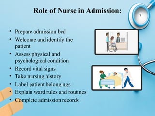 Role of Nurse in Admission:
• Prepare admission bed
• Welcome and identify the
patient
• Assess physical and
psychological condition
• Record vital signs
• Take nursing history
• Label patient belongings
• Explain ward rules and routines
• Complete admission records
 