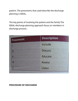 patient. The pneumonic that used describe the discharge
planning is IDEAL.
The key points of involving the patient and the family The
IDEAL discharge planning approach focus on members in
discharge process .
PROCEDURE OF DISCHARGE
 