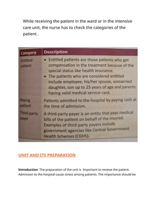 While receiving the patient in the ward or in the intensive
care unit, the nurse has to check the categories of the
patient .
UNIT AND ITS PREPARATION
Introduction: The preparation of the unit is Important to receive the patient.
Admission to the hospital cause stress among patients. The importance should be
 