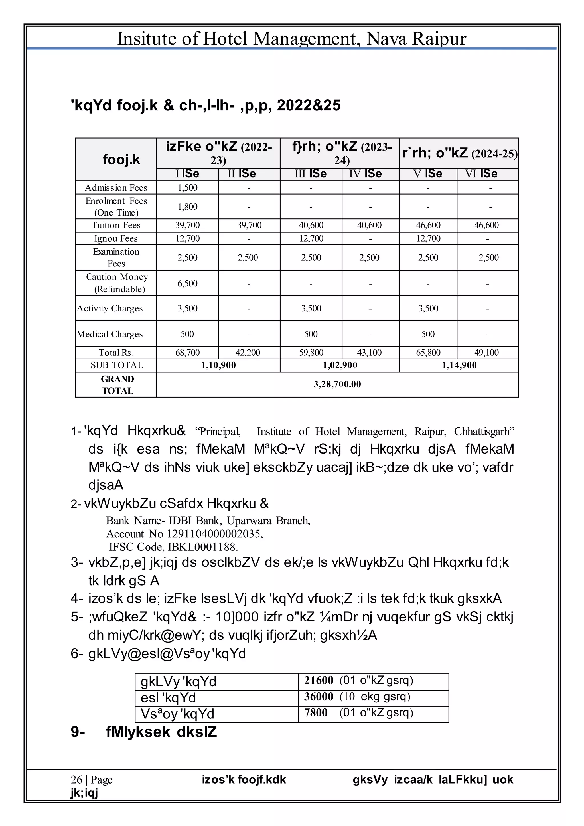 Insitute of Hotel Management, Nava Raipur
26 | Page izos’k foojf.kdk gksVy izcaa/k laLFkku] uok
jk;iqj
'kqYd fooj.k & ch-,l-lh- ,p,p, 2022&25
fooj.k
izFke o"kZ (2022-
23)
f}rh; o"kZ (2023-
24)
r`rh; o"kZ (2024-25)
I lSe II lSe III lSe IV lSe V lSe VI lSe
Admission Fees 1,500 - - - - -
Enrolment Fees
(One Time)
1,800 - - - - -
Tuition Fees 39,700 39,700 40,600 40,600 46,600 46,600
Ignou Fees 12,700 - 12,700 - 12,700 -
Examination
Fees
2,500 2,500 2,500 2,500 2,500 2,500
Caution Money
(Refundable)
6,500 - - - - -
Activity Charges 3,500 - 3,500 - 3,500 -
Medical Charges 500 - 500 - 500 -
Total Rs. 68,700 42,200 59,800 43,100 65,800 49,100
SUB TOTAL 1,10,900 1,02,900 1,14,900
GRAND
TOTAL
3,28,700.00
1- 'kqYd Hkqxrku& “Principal, Institute of Hotel Management, Raipur, Chhattisgarh”
ds i{k esa ns; fMekaM MªkQ~V rS;kj dj Hkqxrku djsA fMekaM
MªkQ~V ds ihNs viuk uke] eksckbZy uacaj] ikB~;dze dk uke vo’; vafdr
djsaA
2- vkWuykbZu cSafdx Hkqxrku &
Bank Name- IDBI Bank, Uparwara Branch,
Account No 1291104000002035,
IFSC Code, IBKL0001188.
3- vkbZ,p,e] jk;iqj ds osclkbZV ds ek/;e ls vkWuykbZu Qhl Hkqxrku fd;k
tk ldrk gS A
4- izos’k ds le; izFke lsesLVj dk 'kqYd vfuok;Z :i ls tek fd;k tkuk gksxkA
5- ;wfuQkeZ 'kqYd& :- 10]000 izfr o"kZ ¼mDr nj vuqekfur gS vkSj cktkj
dh miyC/krk@ewY; ds vuqlkj ifjorZuh; gksxh½A
6- gkLVy@esl@Vsªoy'kqYd
gkLVy 'kqYd 21600 (01 o"kZ gsrq)
esl 'kqYd 36000 (10 ekg gsrq)
Vsªoy 'kqYd 7800 (01 o"kZ gsrq)
9- fMIyksek dkslZ
 