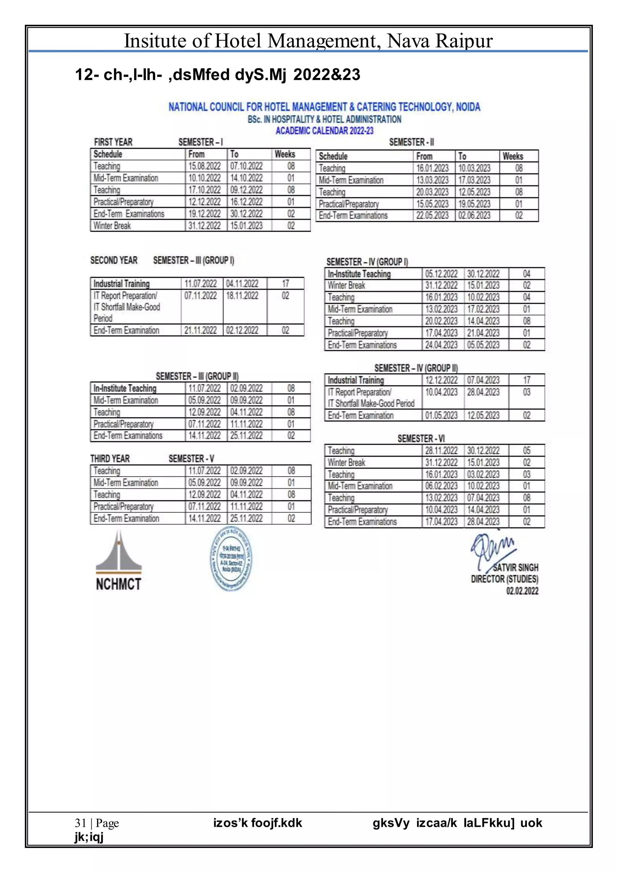Insitute of Hotel Management, Nava Raipur
31 | Page izos’k foojf.kdk gksVy izcaa/k laLFkku] uok
jk;iqj
12- ch-,l-lh- ,dsMfed dyS.Mj 2022&23
 