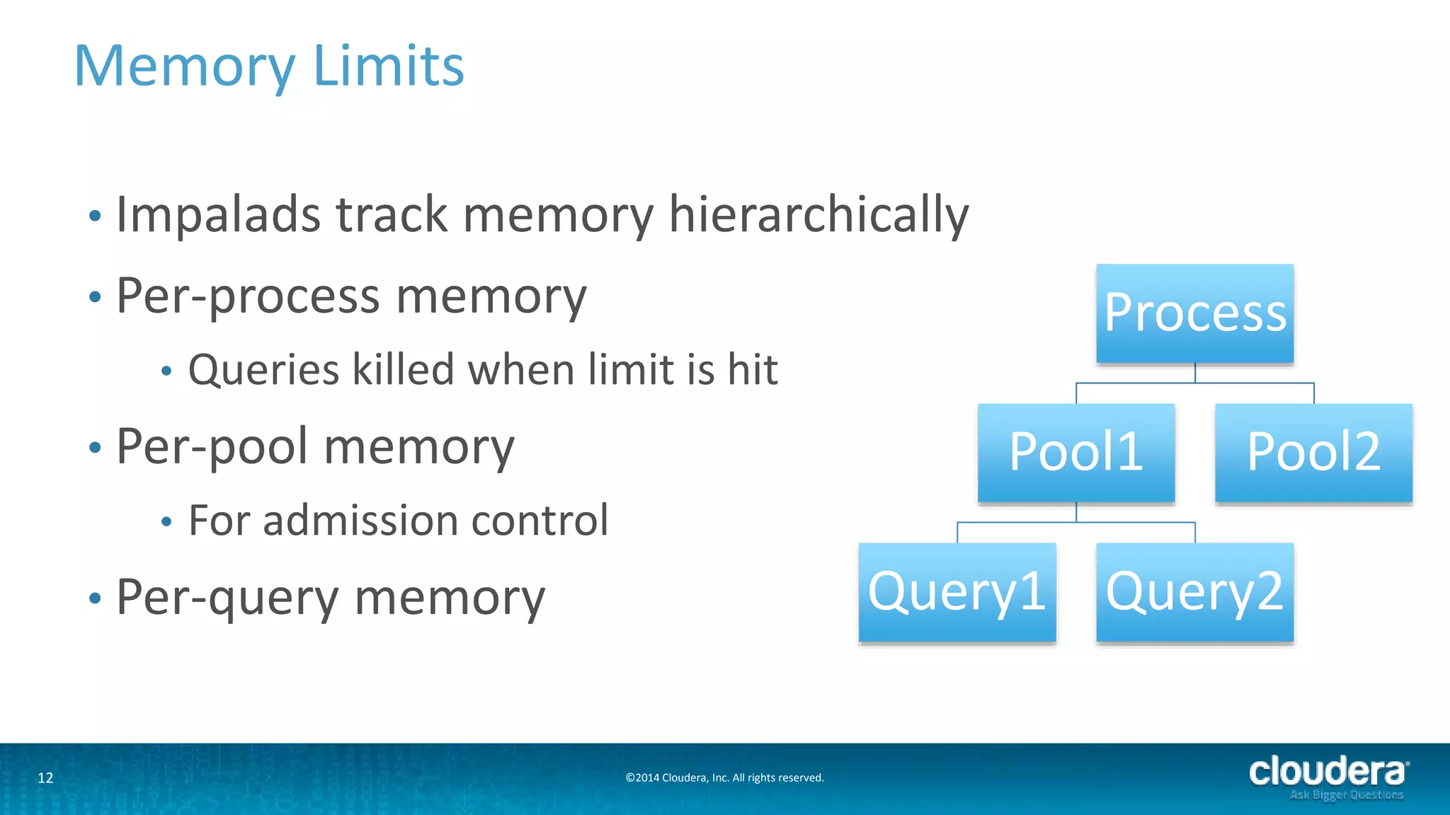12
Memory Limits
• Impalads track memory hierarchically
• Per-process memory
• Queries killed when limit is hit
• Per-pool memory
• For admission control
• Per-query memory
Process
Pool1
Query1 Query2
Pool2
©2014 Cloudera, Inc. All rights reserved.
 