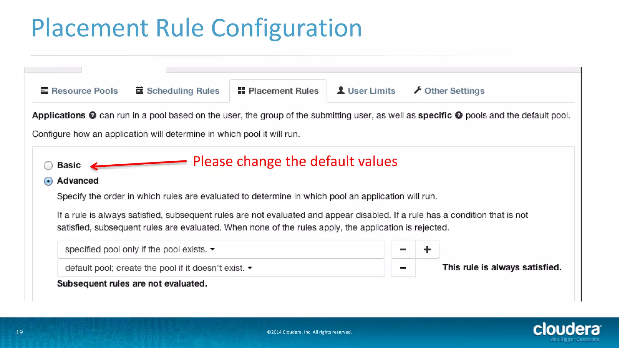 19 ©2014 Cloudera, Inc. All rights reserved.
Placement Rule Configuration
Please change the default values
 