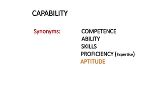 CAPABILITY
Synonyms: COMPETENCE
ABILITY
SKILLS
PROFICIENCY (Expertise)
APTITUDE
 