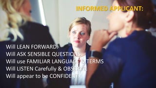 Will LEAN FORWARD.
Will ASK SENSIBLE QUESTIONS.
Will use FAMILIAR LANGUAGE & TERMS
Will LISTEN Carefully & OBSERVE.
Will appear to be CONFIDENT.
INFORMED APPLICANT:
 