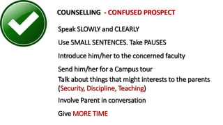 Speak SLOWLY and CLEARLY
Use SMALL SENTENCES. Take PAUSES
Introduce him/her to the concerned faculty
Send him/her for a Campus tour
Talk about things that might interests to the parents
(Security, Discipline, Teaching)
Involve Parent in conversation
Give MORE TIME
COUNSELLING - CONFUSED PROSPECT
 