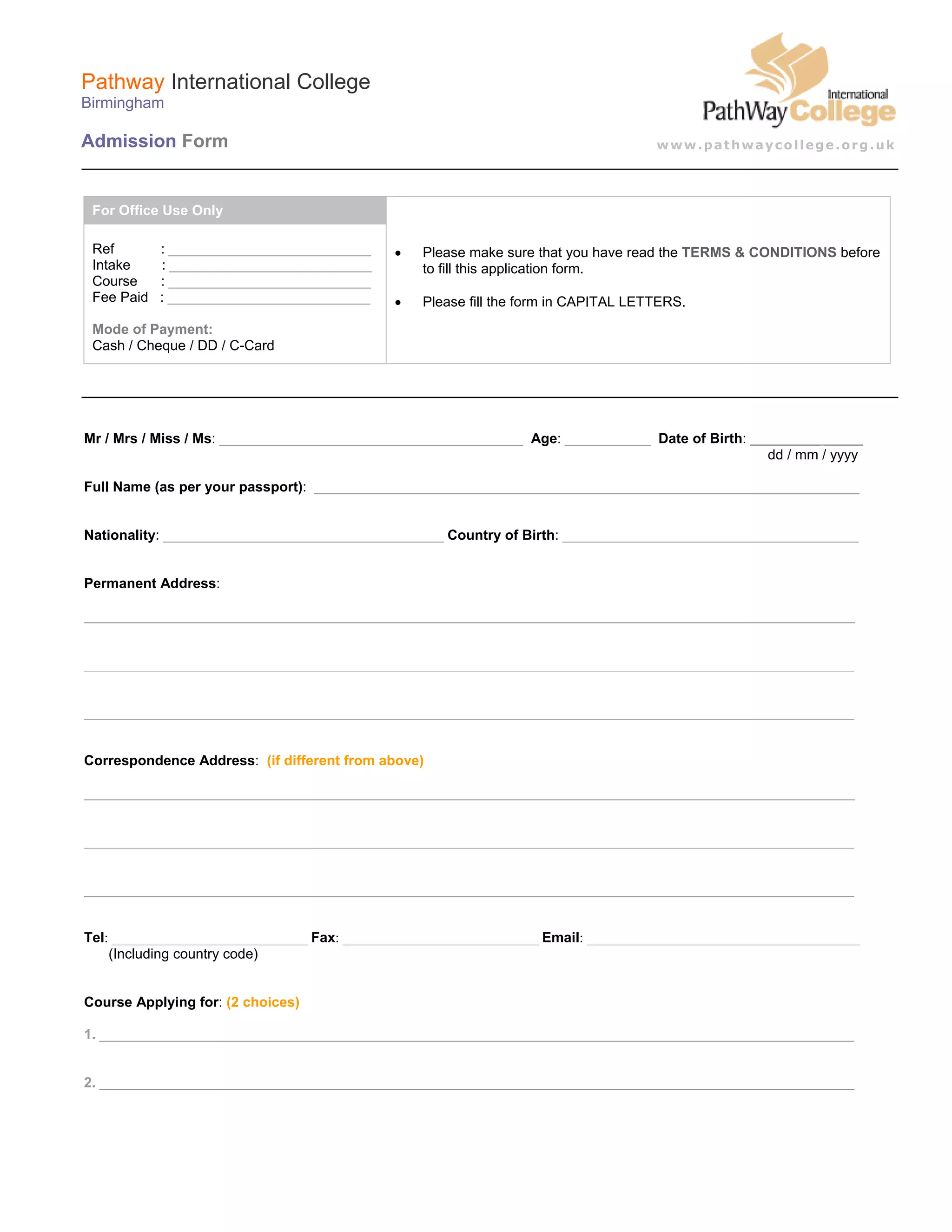Admission Form Pathway College | PDF
