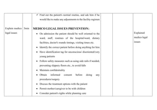 Explain medico
legal issues
3min
✓ Find out the patient's normal routine, and ask him if he
would like to make any adjustments to the facility regimen
MEDICO LEGAL ISSUES PREVENTION:
• On admission the patient should be well oriented to the
ward, staff, routines of the hospital/ward, dietary
facilities, doctor's rounds timings, visiting times etc.
• Identify the correct patient before doing anything for him
• Have identification tag for unconscious/ disoriented/very
young patients
• Follow safety measures such as using side rails if needed,
preventing slippery floors etc., to avoid falls
• Maintain confidentiality
• Obtain informed consent before doing any
procedures/surgery
• Discuss the treatment options with the patient
• Permit mother/caregiver to be with children
• Consider patient's rights while planning care
Explained
medico legal
issues
 