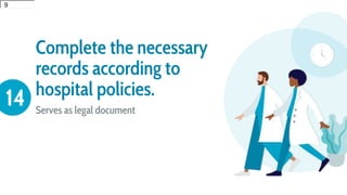 Complete the necessary
records according to
hospital policies.
Serves as legal document
14
9
9
9
9
 