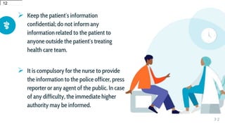 Keep the patient′s information
confidential; do not inform any
information related to the patient to
anyone outside the patient′s treating
health care team.
 It is compulsory for the nurse to provide
the information to the police officer, press
reporter or any agent of the public. In case
of any difficulty, the immediate higher
authority may be informed.
3 2
12
12
 