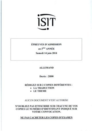 ISIT - Préparer les épreuves d'admission avec les annales 2014 : Allemand 3ème année 
