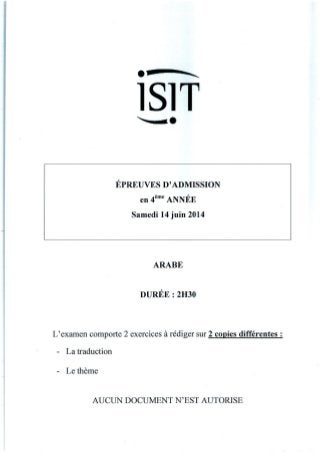 ISIT - Préparer les épreuves d'admission avec les annales 2014 : Arabe 4ème année 