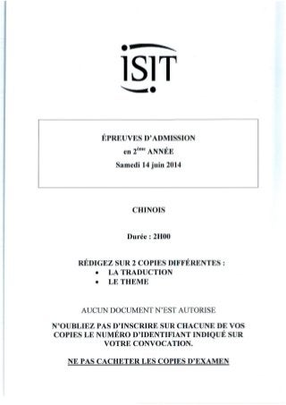 ISIT - Préparer les épreuves d'admission avec les annales 2014 : Chinois 2ème année 