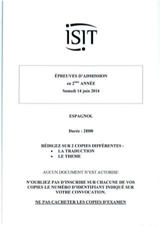 ISIT - Préparer les épreuves d'admission avec les annales 2014 : Espagnol 2ème année 