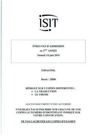 ISIT - Préparer les épreuves d'admission avec les annales 2014 : Espagnol 3ème année 