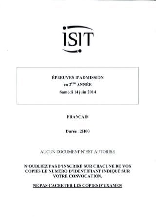 ISIT - Préparer les épreuves d'admission avec les annales 2014 : Français 2ème année 