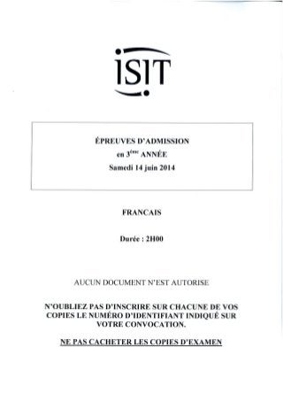ISIT - Préparer les épreuves d'admission avec les annales 2014 : Français 3ème année 