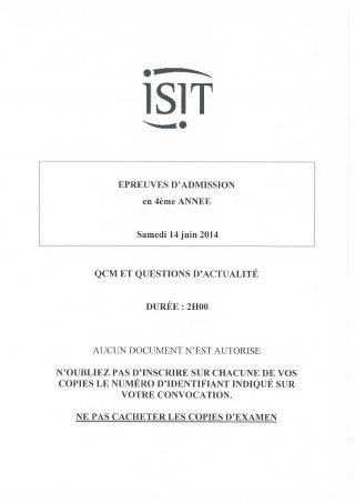 ISIT - Préparer les épreuves d'admission avec les annales 2014 : Français - Culture générale 4ème année 