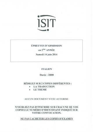ISIT - Préparer les épreuves d'admission avec les annales 2014 : Italien 2ème année